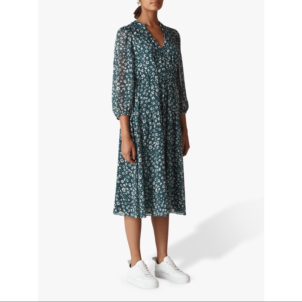 WHISTLES Green Leopard Print Midi Dress